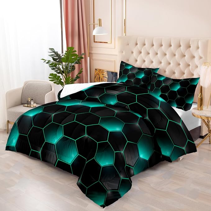 Geometric Black Green Neon Comforter Set,Light Honeycomb 3 Piece Bedding Set Queen for Teen Boys,Modern Bedding Quilt Set Geometry Decor,Microfiber Lightweight 1 Comforter 2 Pillowcases All Season