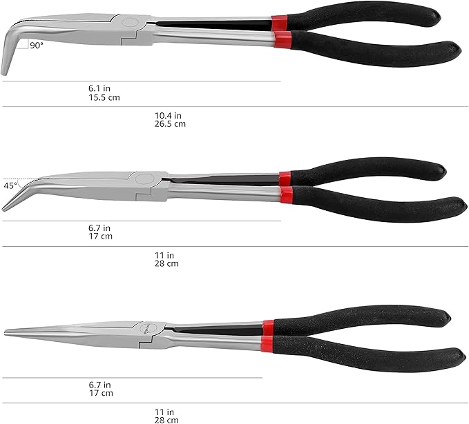 Amazon Basics Extra Long Reach Needle Nose Pliers Tool Set for Narrow Spaces, Versatile, 3-Piece, Black