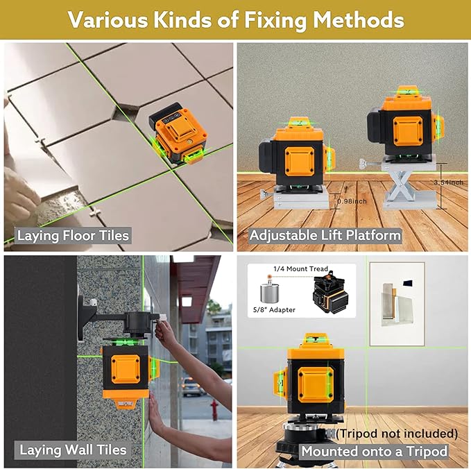 Laser Level Self-Leveling 4 x 360° - 4D Green Cross Bright Line Laser 100ft Range for Picture Hanging, Tile Installation, Indoor DIY & Construction | Magnetic Mount, 2 Rechargeable Batteries