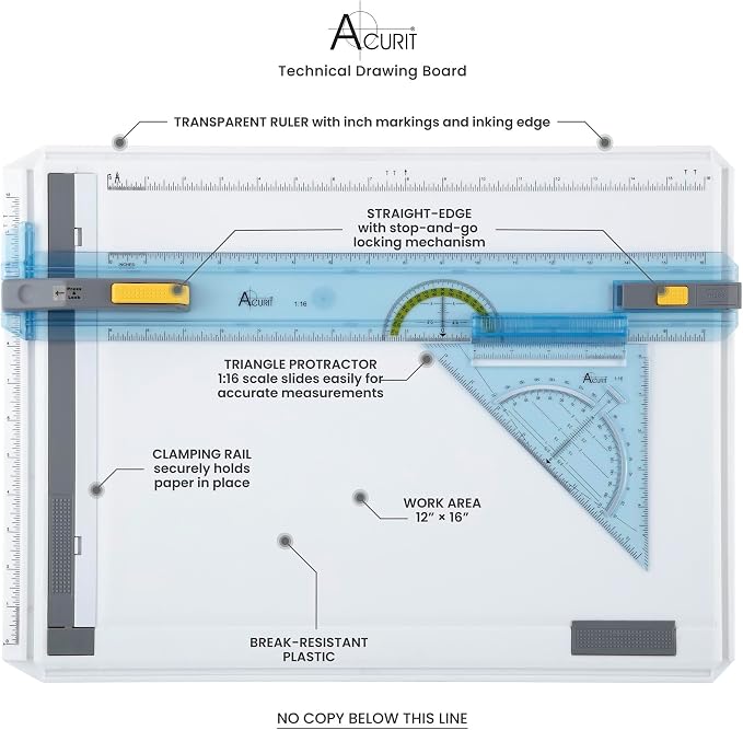 Acurit Technical Drawing Board - Portable Drafting Table with Multi-Tool Kit, Break-Resistant Plastic, Straight-Edge Lock Mechanism, Transparent Ruler, Protractor, Clamping Rail - 14.5"x19.75"