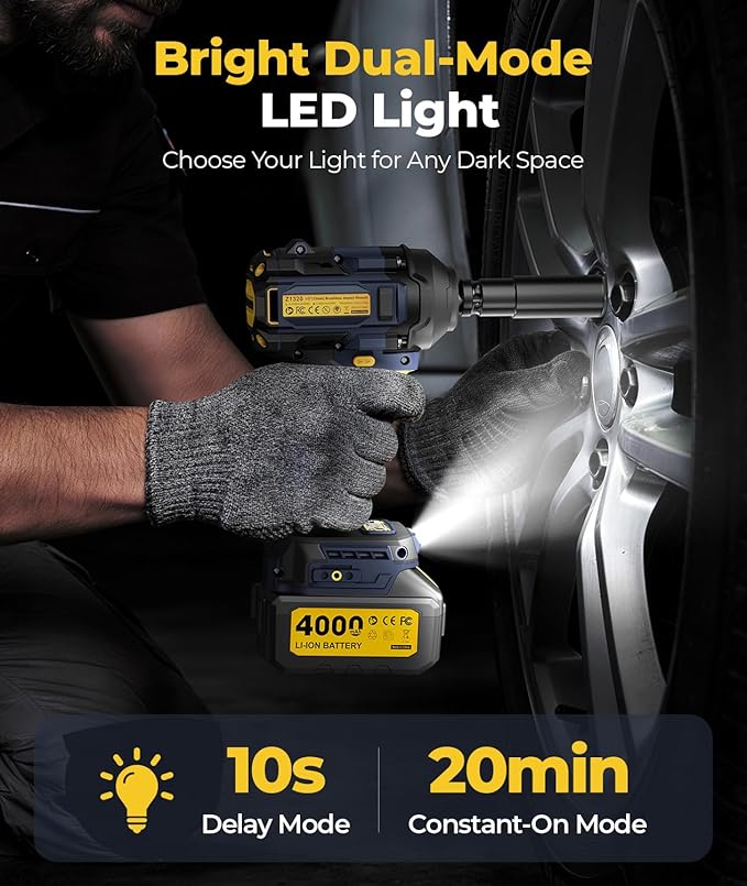 JESIMAIK Cordless Impact Wrench, 900Ft-lbs (1200N.m) 1/2" Brushless Impact Gun, 21V High Torque Impact Gun with 2×4.0Ah Batteries, 4 Variable Speeds, 5 Sockets, Impact Driver for Car/Pickup/Mower