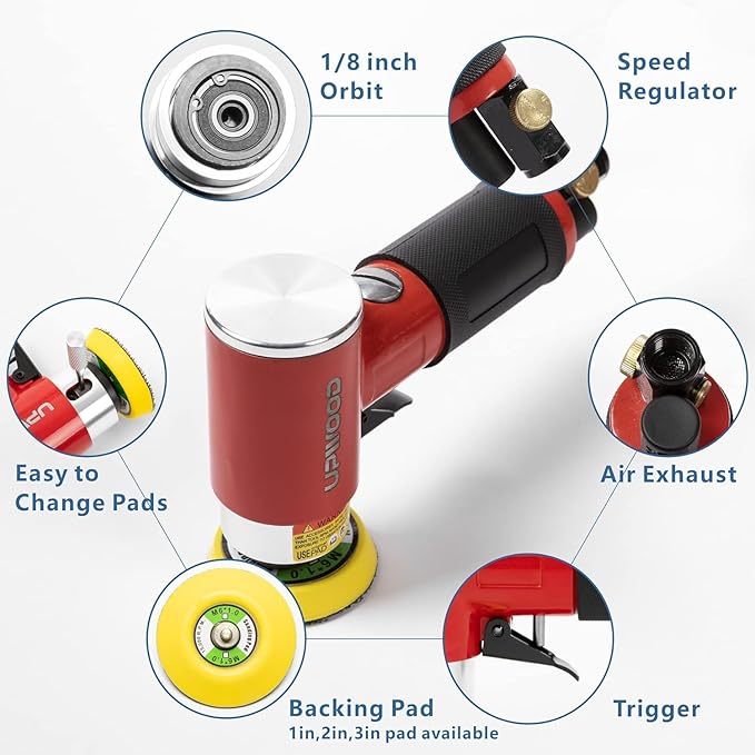 Mini Air Sander with 2'' 3'' Pads, Pneumatic Mini Sander 25mm/50mm Polisher for Auto Body Work Headlight Polishing Paint Cleaning with 24pcs Sandpapers and 16 Sanding Wheels