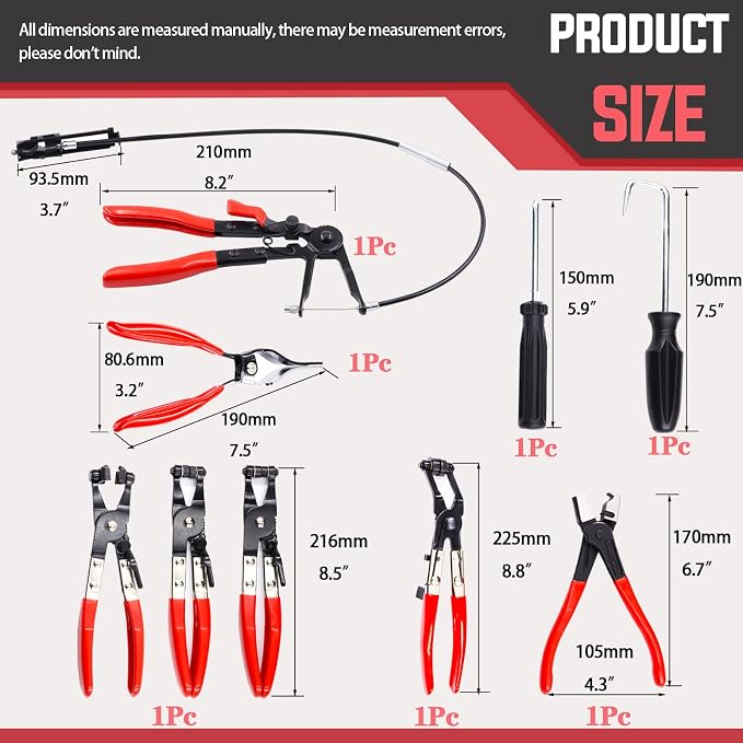 Swpeet 9Pcs Red Long Reach Flexible Wire Spring Hose Clamp Pliers Remover Assortment Kit, Clic R Type Angled Swivel Jaw and Flat Band Pliers for Automotive Radiator Heater and Water Hose