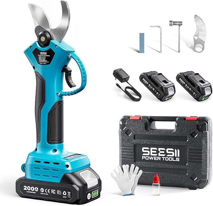SEESII Electric Pruning Shears, 1.4" Cutting Cordless Power Pruner, 2×2000mAh Batteries, Brushless Motor, Extra SK5 Blade, 2 Modes Battery Powered Branch Cutter for Garden Tree Trimming