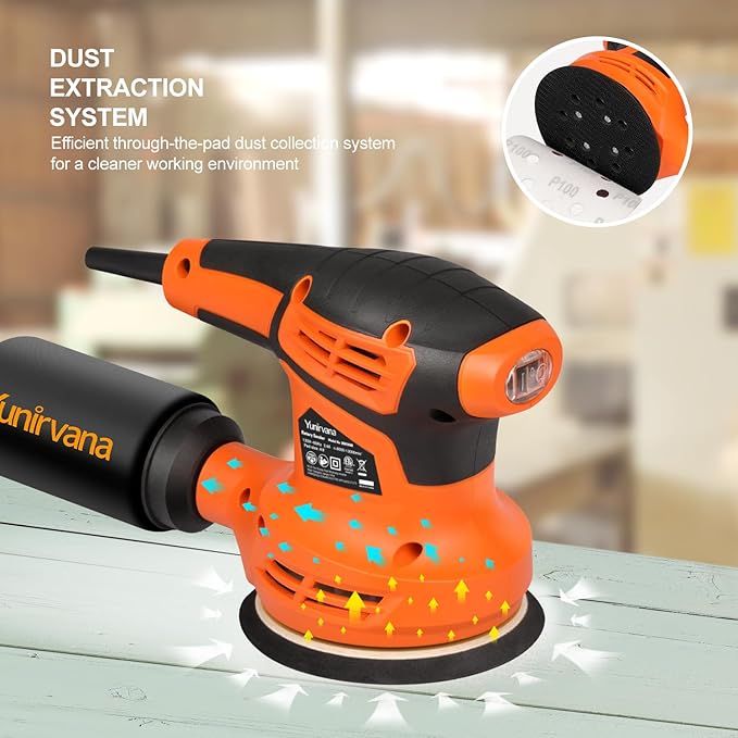 Yunirvana Orbital Sander,2.4Amp 13000 OPM Random-Orbit Sanders 6 Variable Speeds with 15Pcs Sanding Discs 125mm, Electric Sander with Dust Collector for Sanding and Polishing