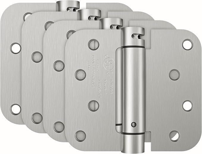 HOSOM 4 Pack Brushed Nickel Self Closing Door Hinges, 4 Inch 5/8'' Radius Corners Spring Door Hinge, Adjustable Tension for Garage, Front Door, Back Door, UL Listed, for Left and Right Hand Door