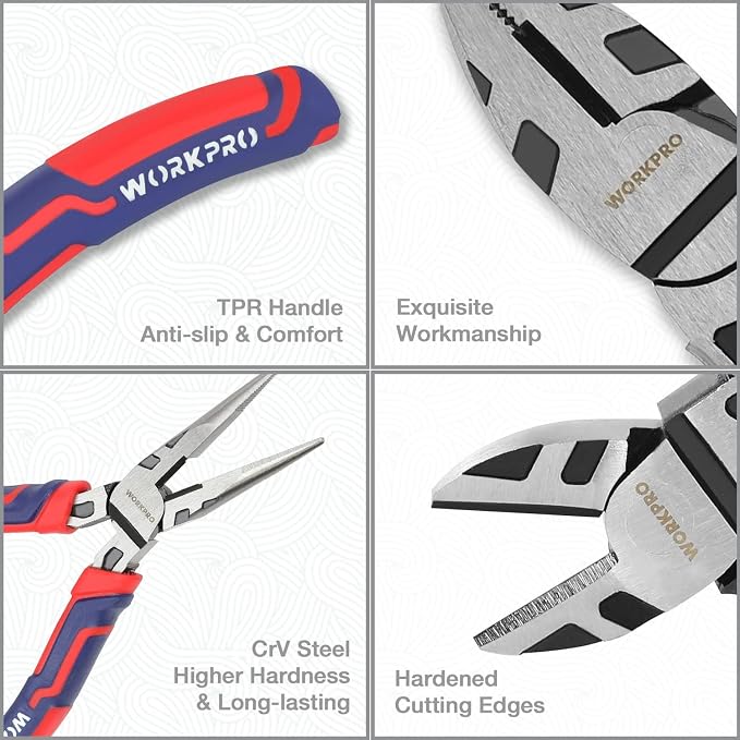 WORKPRO Pliers Set, 5-Piece Premium Cr-V Pliers Kit with Storage Pouch | 6 Inch Slip Joint, Long Nose, Diagonal Cutter, 8 Inch Groove Joint, 7 Inch Linesman, Ergonomic Grip, for Basic Repair