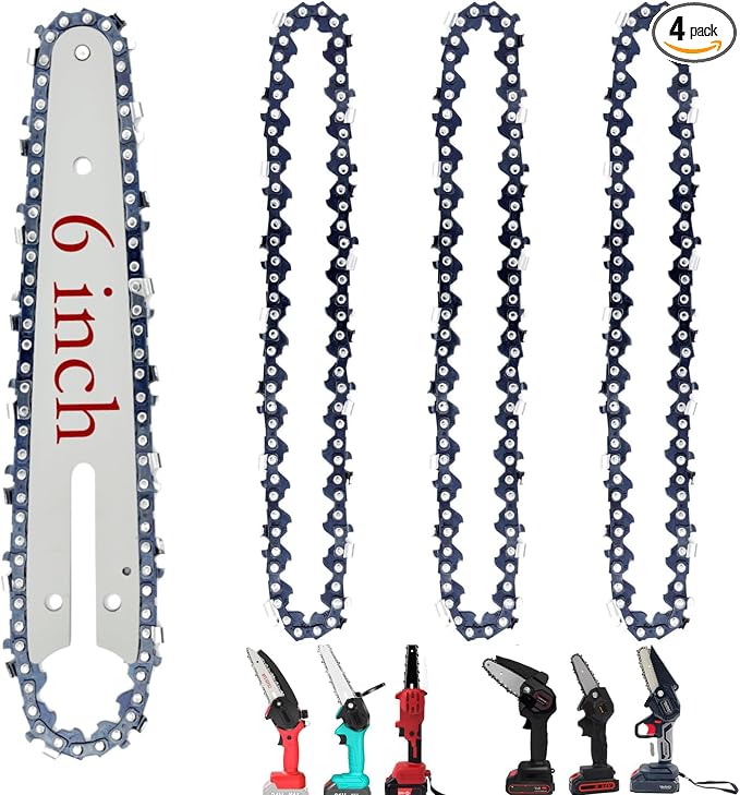 6 Inch Mini Chainsaw Chain and Bar Combo (4Chains + 1Bar), 6 Inch Replacement Chains for Portable Mini Chainsaw Wood Branch Cutting 1/4" LP Pitch .043" Gauge 37 Drive Links
