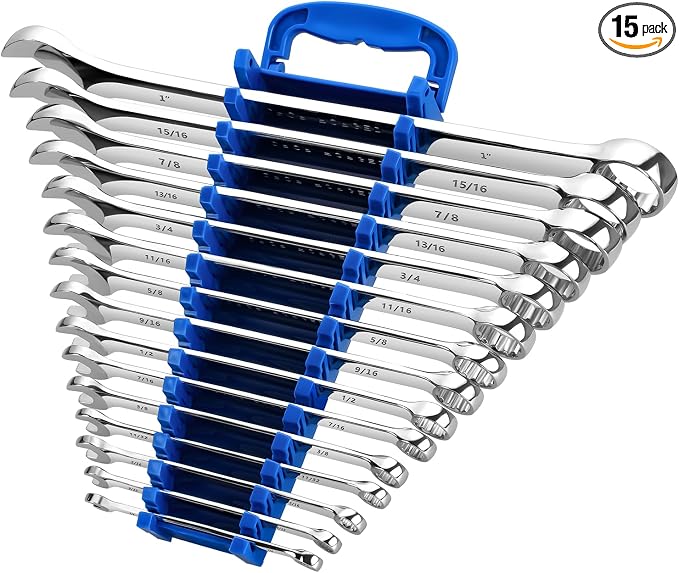 Max Torque 15-Piece Premium Combination Wrench Set, Complete SAE Inch Sizes from 1/4” to 1” with Rack Organizer | Cr-V Steel, Mirror Chrome Finish, Long Pattern, V-Groove Open End and 12-Point Box End