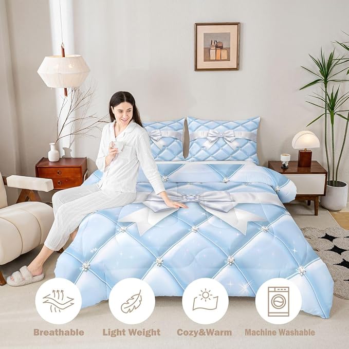Feelyou Cute Blue Bow Bedding Set Soft for Boys Girls, Geometry Bowknot Comforter Set Queen Size Glitter Duvet Quilt Microfiber Bedroom Decor 3 Pcs with 2 Pillow Cases