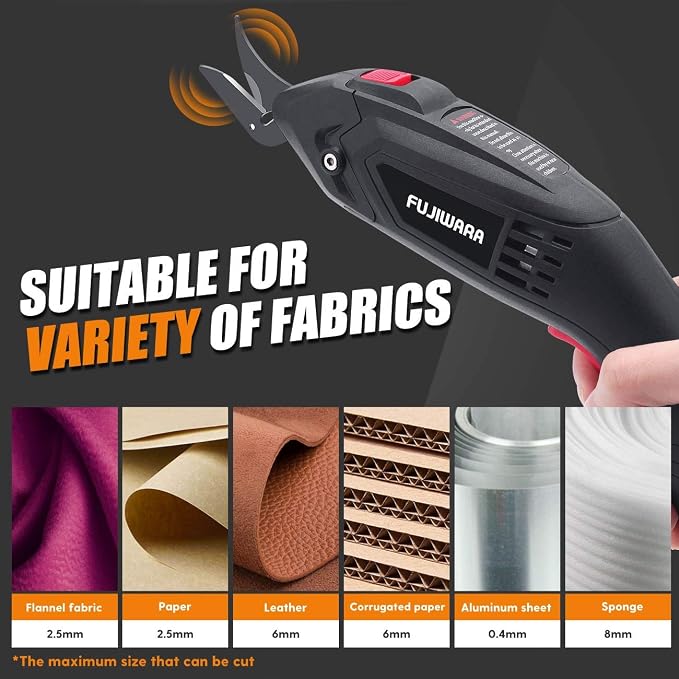FUJIWARA Electric Scissors, 2 Removable Lithium Batteries and 2 Cutter Blades, Cordless Shears Cutting Tool for Fabrics/Canvas/Carpets/Leather/Cardboard/Other Thin Materials