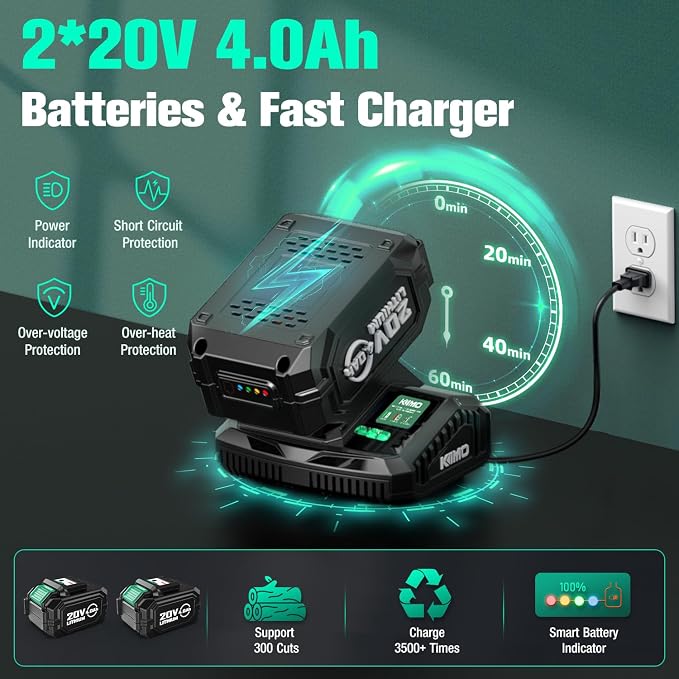 KIMO Brushless Electric Chainsaw Cordless, 4.0Ah Battery & Fast Charger, Handheld Chain Saw with Auto Oiler, Battery Powered Chainsaw Electric for Tree Trimming, 34 FT/S Cutting Speed