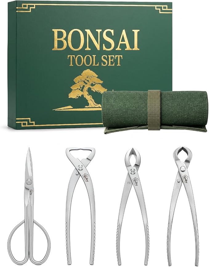 4-Piece Bonsai Tools Set, Professional Stainless Steel Bonsai Tree Kit – Include Concave Cutter, Knob Cutter, Trunk Splitter, Bonsai Scissors, Bonsai Starter Kit with Tool Roll Bag and Gift Box