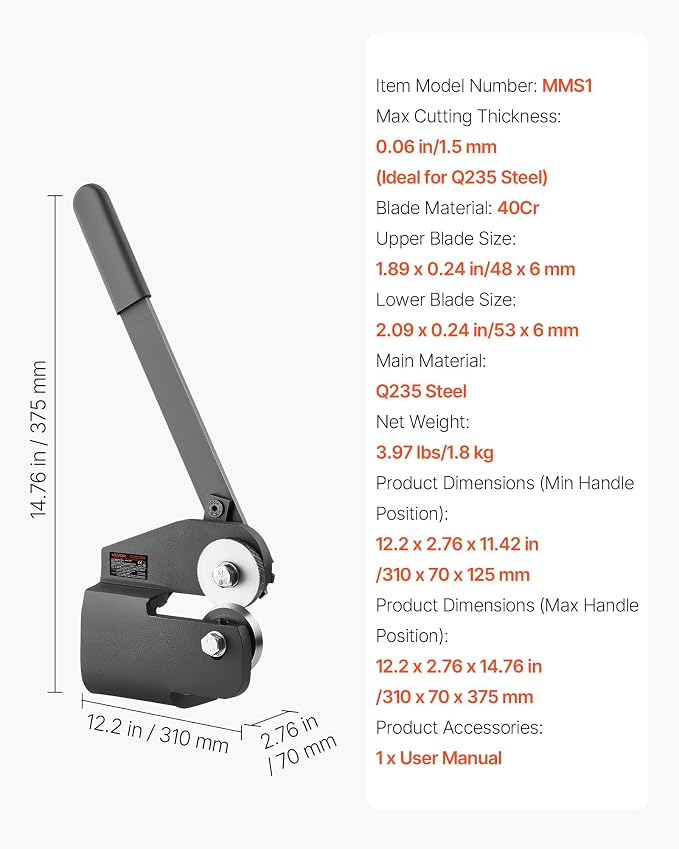 VEVOR Sheet Metal Shear, Throatless Rotary Hand Shear, 16 Gauge Mild Steel Sheet Cutter with 0.06 in Capacity, for Cutting soft metals such as copper, aluminum and thin carbon steel.