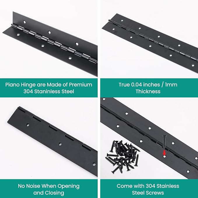 2Pcs 10inch Black Heavy Duty Continuous&Piano Hinges,1.2" Open Width Stainless Steel Piano Hinge with Holes and Screws,Working for Wood Box,Wood Furniture,Piano Cabinets.