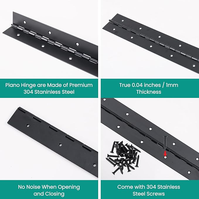 2Pcs 16inch Black Heavy Duty Continuous&Piano Hinges,1.2" Open Width Stainless Steel Piano Hinge with Holes and Screws,Working for Wood Box,Wood Furniture,Piano Cabinets