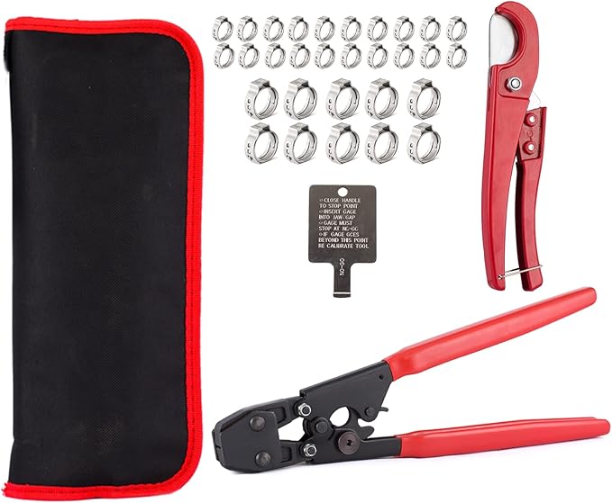 PEX Cinch Clamp Crimping Tool,Pex Crimp Kit for 3/8" to 1" Stainless Steel Clamps Including 20pcs 1/2",10pcs 3/4" Clamps with Pipe Cutter,PEX Pipe Tubing Connect Tools Suit US F2098 Standards