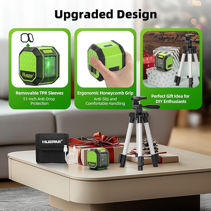 Laser Level with 25.6in Tripod, Fathers Day Dad Gifts, Huepar 100Ft Self Leveling Laser Level Rechargeable Green Cross Line Laser Leveler Tool for Picture Hanging, Tile, Home Renovation, Carry Bag