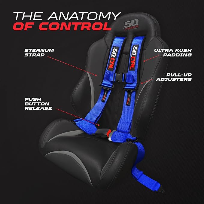1pc 50 Cal Blue 4 Point Harness 2in Straps, Racing Harness Seat Belt | Ultra Kush padding, Push Button quick release hardware. Universal Fit for UTV, RZR, race car.