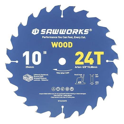 SawWorks 10" 24T ATB Carbide Circular Saw Blade, Ripping & Framing for Table Saw, for Pro Woodworkers & Shop Owners, 5/8" Arbor