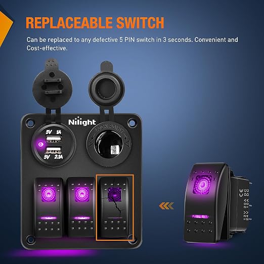 Nilight 3 Pack Rocker Switches with Night Glow Stickers On Off 5 PIN SPST LED Switch Pinkish Purple Backlit 12V/24V for Cars Trucks RVs Boats Auto Motorcycles