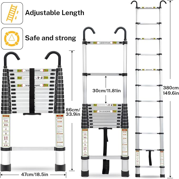 RIKADE Telescopic Ladder, 12.5 ft Aluminum Telescoping Ladder with Non-Slip Feet and Stable Hook, Portable Extension Ladder for Household and Outdoor Working, Max Load 330 lb, Aluminum