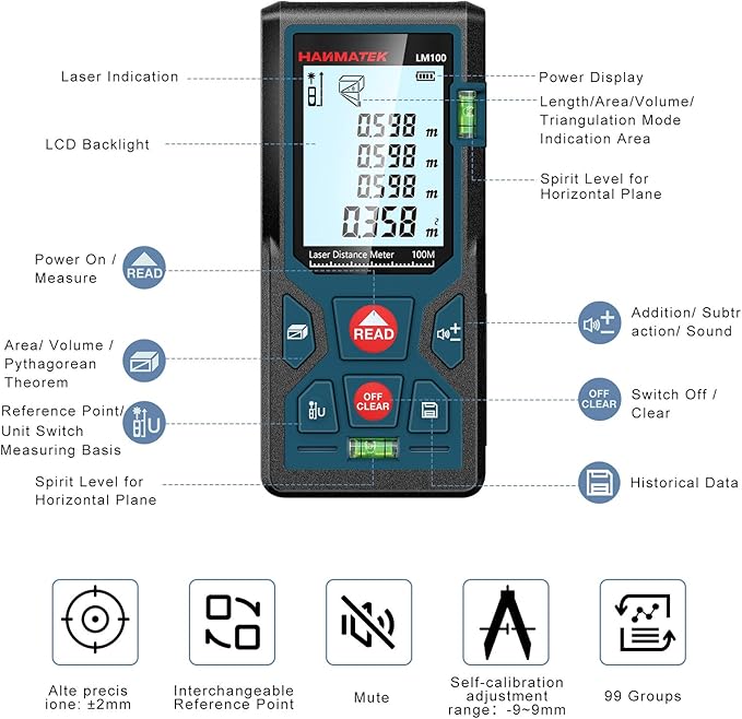 328ft/100m Laser Measure Ft/in/M Switching LM100 Laser Measurement Tool Devices with 2 Bubble Levels Distance Meter,Large Backlit LCD
