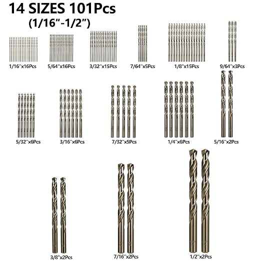 Cobalt Drill Bits Set for Hardened Metal and Stainless Steel, 101Pcs M35 High Speed Steel Twist Jobber Drill Bits 1/16"-1/2", with Plastic Index Storage Case