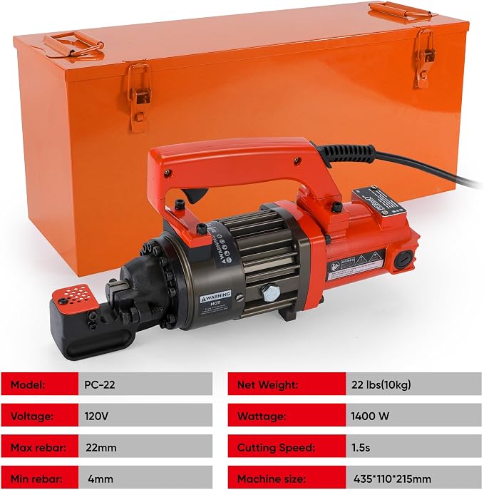 Electric Rebar Cutter, Portable 1400W Hydraulic Rebar Cutting Tool, Cuts up to 7/8 in (#7) / 4–22mm, 120V Corded, 1.5s Fast Cut, 22 lb, Model PC-22