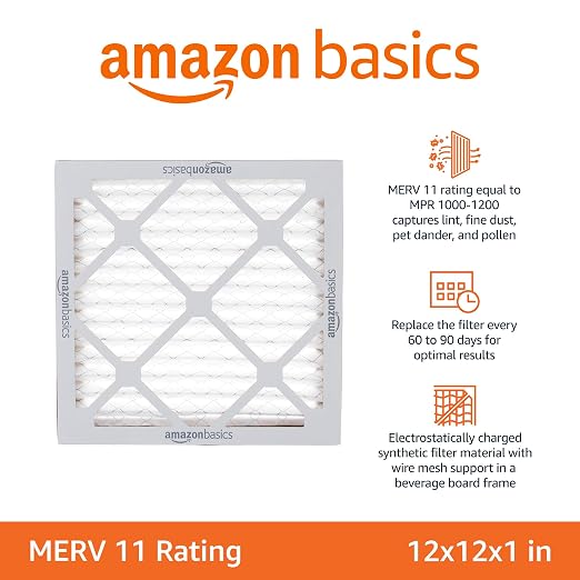 Amazon Basics 12x12x1 Air Filter 6-Pack, MERV 11 AC Furnace Filters, Dust, Pet, Allergy Control, Removes Pollen and Lint (Actual Size: 11.75" x 11.75" x 0.75")