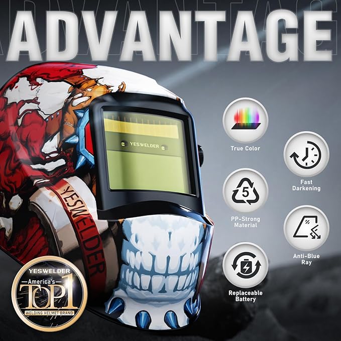 YESWELDER Auto Darkening Welding Helmet, Blue Light Blocking, 1/1/1/1 True Color Solar Powered Welding Hood with 2 Arc Sensors, Wide Shade 3.5/9-14 Welder Mask for TIG MIG ARC and Grind