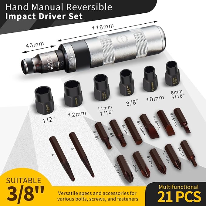 AKM 3/8" Hand Manual Reversible Impact Driver Master Screw and Bolt Extractor Set-21 PCS Impact Screwdriver S2 Steel Much More Durable Disengage Rusted Fasteners or Frozen Bolts