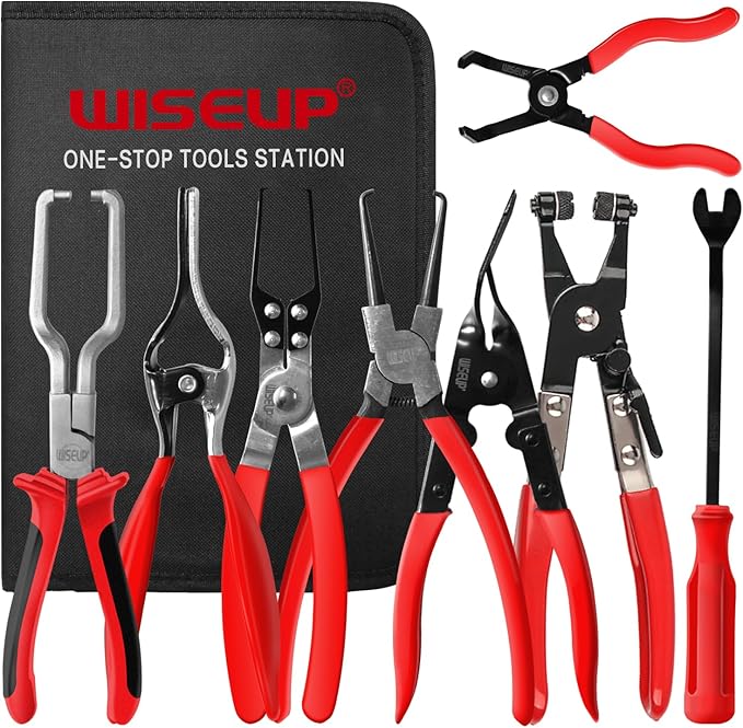 WISEUP 8-Piece Fuel Line Disconnect Tool Set – Fuel Line/Hose Clamp/Removal Pliers, Electrical Disconnect/Push Pin Tools, Relay Puller, Panel Clip Remover & Filter Caliper