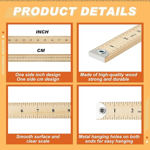 Hoteam 10 Pcs Heavy Duty Wooden Yardstick 36 Inches Natural Wood Yard Stick Ruler with Hang Hole Metal Tips 1/4-inch-thick Yardstick Ruler Metal Ends Meter Stick Clothing Measuring Home Office