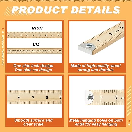 Hoteam 50 Pcs Heavy Duty Wooden Yardstick 36 Inches Natural Wood Yard Stick Ruler with Hang Hole Metal Tips 1/4-inch-thick Yardstick Ruler Metal Ends Meter Stick Clothing Measuring Home Office