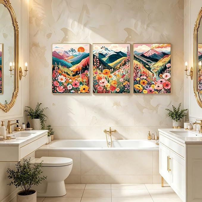 Frimeeme Colorful Floral Mountain Wall Art Set of 3, Boho Nature Landscape Print, Unframed, for Living Room Bedroom Bathroom Office Home Decoration 12x16in