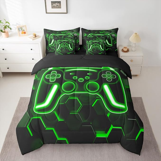 Erosebridal Gamer Bed in a Bag King Size Comforter Set 7-Piece, Neon Honeycomb Gaming Bedding Sets Game Boy Games Comforter and Sheet Set, Green Hexagon Lights Room Decor,Boys Bedroom Decor