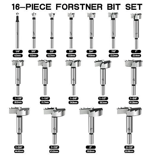 BeHappy Hex Shank Forstner Bit Set, 16pcs Multi Sided Shank Wood Drill bit Set for Woodworking, Auger Opener Round Shank Drilling Cutting Tool for Hardwood, Softwood, Plastic, Plywood