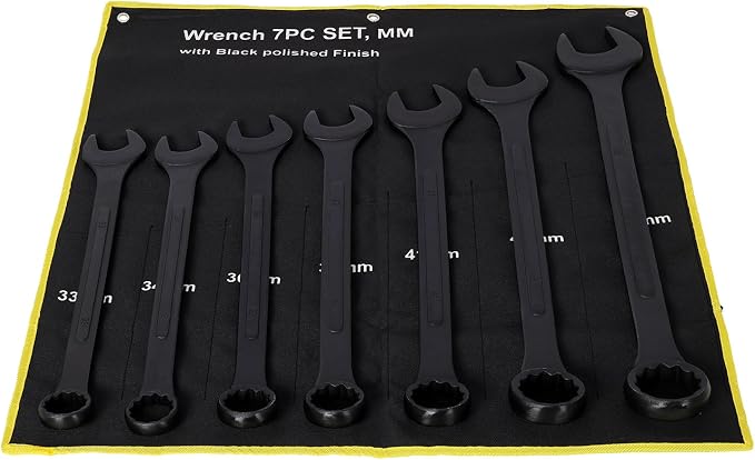 7PC Jumbo Combination Wrench Set, Metric, 33, 34, 36, 38, 41, 46, 50mm | 7PC Jumbo Combination Wrench Set, Metric, Extra Large Combination Wrench Sets, Black Oxide Finish with Pouch (7PC-Metric)