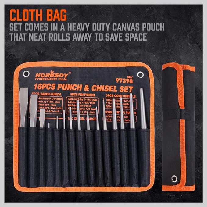 HORUSDY 16-Piece Punch and Chisel Set, Including Taper, Cold Chisels, Pin, Center