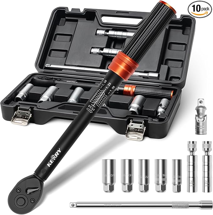 Kerry 3/8" Spark Plug Torque Wrench Set, 14mm 16mm Magnetic Swivel Sockets | 5-45 ft-lb 10-Piece Kit with 5/8", 3/4", 13/16", 14mm, 18mm 6-Point Sockets, Extension and Universal Joint for Easy Removal