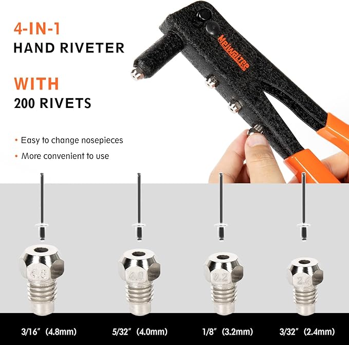 Rivet Gun,Professional Pop Rivet Gun Kit with 200Pcs Rivets, 3/32"-1/8"-5/32"-3/16", Heavy Hand Riveter kit Suitable for Metal Work, Gutter, Automotive and Other Common DIY Projects