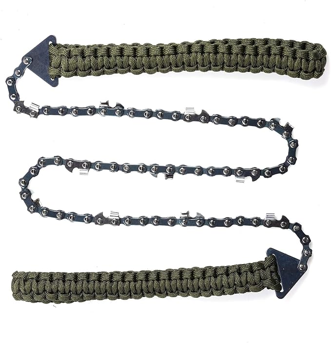 Sucrain Pocket Chainsaw with Paracord Handle, Folding Chain Hand Saw, Emergency Outdoor Survival Gear for Camping, Hunting, Hiking, Cutting Wood & Tree (Army Green, 11 Teeth, 24'' Long)