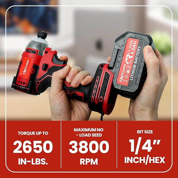 Max 20V Battery Powered Cordless Impact Driver 2650 in - lbs, 1/4 Inch, Max 3800 RPM, Compatible with Makita 18V Batteries, Included 2 * 4.0 Ah Batteries and Charger