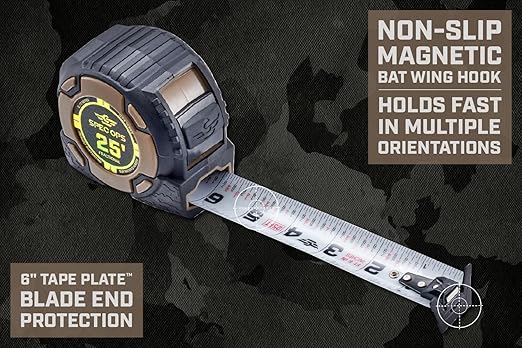 Spec Ops Tools Heavy Duty Tape Measure for Framing & Construction, 1 1/4" Double-Sided Blade, Retractable, Elite Series, 25 Foot Magnetic + Fractional