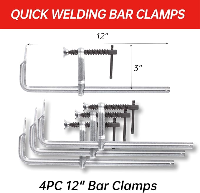 4-Pack 12 Inch Welding Bar Clamps | Drop Forged Steel Bar Clamps Throat Depth 3 inch Load Force 450 Lbs for Woodworking,Welding, Metal working
