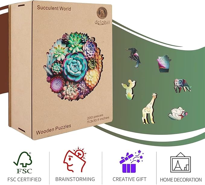 Delobi Mandala Succulent Wooden Puzzles, 200 Pieces Jigsaw Puzzles 11.3'' x10.9'', Unique Design Wooden Puzzles for Adults and Kids, Family Game Gift Medium Size