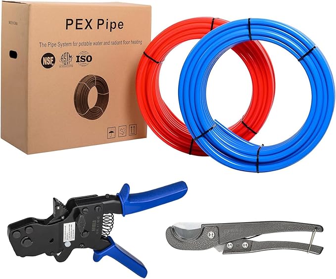 (Pipe&Combo Kit) EFIELD Pex-B Pipe Blue & Red 1/2" 2 x100ft with Ratchet Crimping Tool and Pipe Cutter