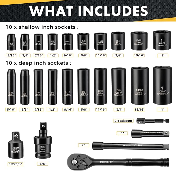 3/8" Drive Impact Socket Set 64-Piece, Deep & Shallow SAE (5/16"-1") & Metric (6-24mm), with 3/8-Inch Ratchet Handle, 6 Points,Cr-V, Extension Bars, Universal Joint, Gift for Men