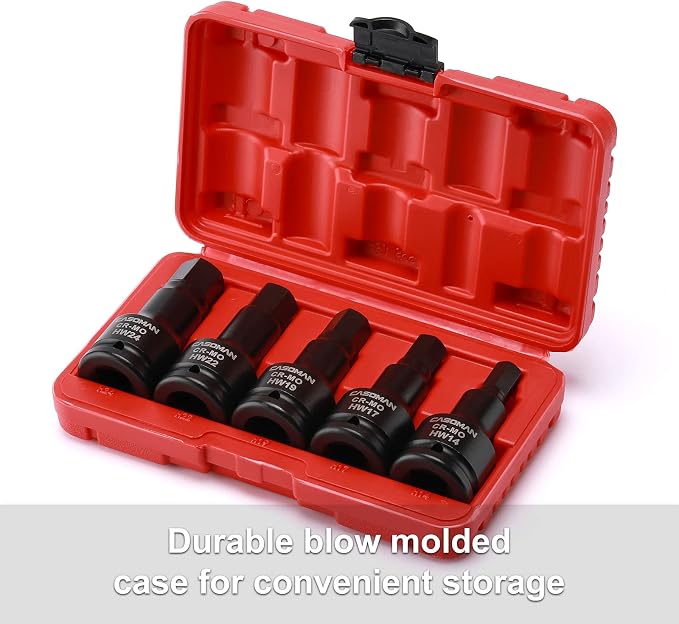 CASOMAN 3/4 Inch Drive Impact Hex Driver Set, 5-Pieces, Metric, 14mm, 17mm, 19mm, 22mm, 24mm, 3/4" Drive Master Impact Hex Bit Set, CR-MO, Impact Grade, One-Piece Construction